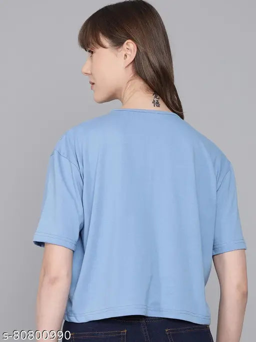 Blue cotton blend BTS-printed women's cropped round t-shirt for casual and daily wear, made with stretchable fabric for comfort