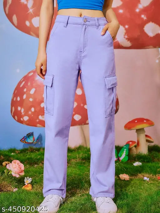 Lavender cotton blend cargo pant for women, high waist with functional pockets and zipper fly closure - perfect for casual daily wear or outdoor activities
