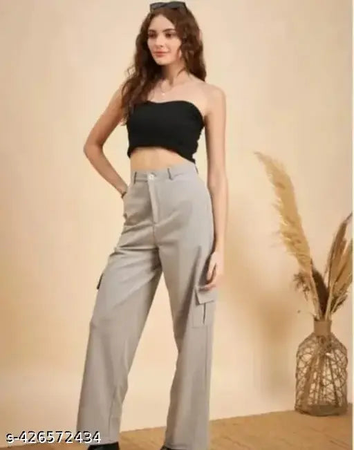 Grey high-waist cargo trousers with flap pockets