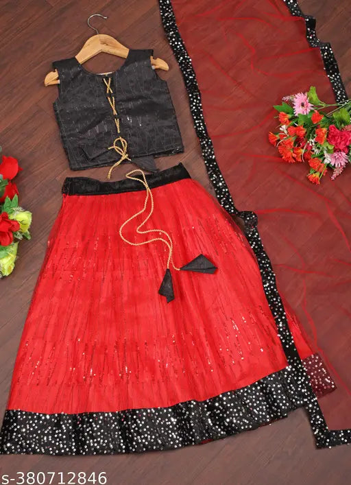 Designer net lehenga-choli with intricate embroidery, size 6-12 months (15m waist, 16m length), India origin