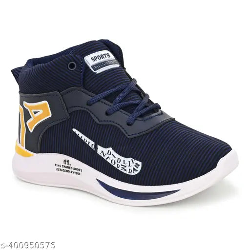 Sports shoes for kids, black with blue accents, lace-up closure, breathable mesh panels