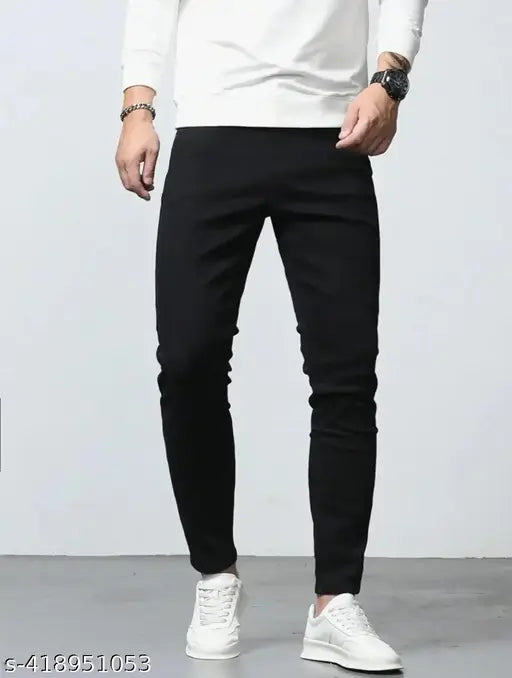 Stylish black denim men's jeans, solid pattern, sizes 26, 28, 30, 32 from India