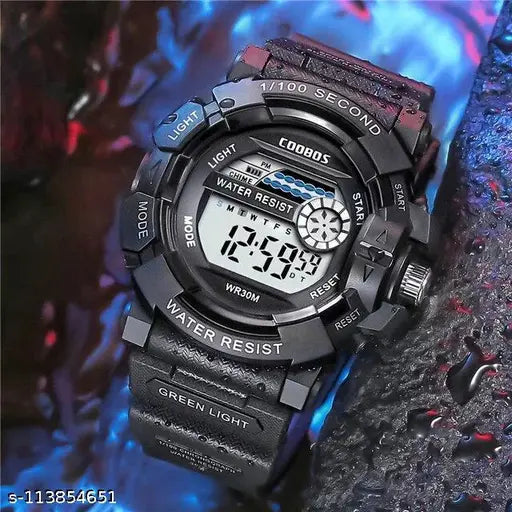 Black silicone strap sport watch, LED display with digital features, waterproof with 100m depth rating