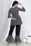 Striped cotton kurti set with umbrella cuff palazzos, three-quarter sleeves, Indian Indo-western fashion on display