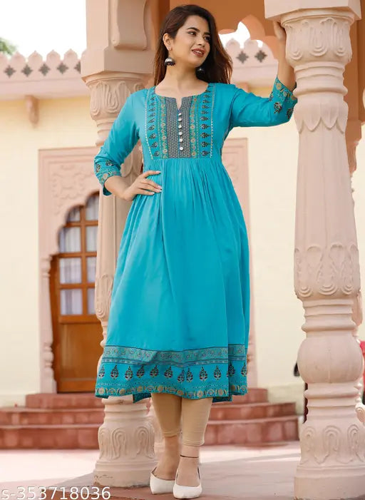 Rayon printed naira cut kurti with three-quarter sleeves, Sanganeri print - Women's and girls' fashion from India