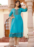 Rayon printed naira cut kurti with three-quarter sleeves, Sanganeri print - Women's and girls' fashion from India