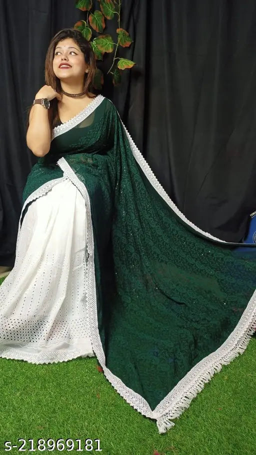 Bottle green chiffon Hakoba saree with intricate woven design, high-quality Indian export