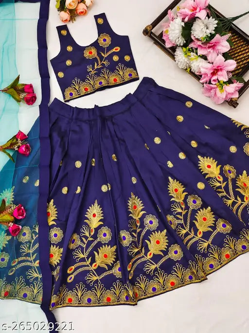 Taffeta silk embroidered baby lehenga-choli on net dupatta, sleeveless and vibrant, perfect for traditional Indian events, 2-3 years size