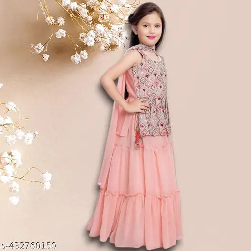Georgette krimaa kids lehenga choli set with dupatta, floral embroidered and sleeveless, ready-to-wear for girls aged 3-16 years. Indian origin