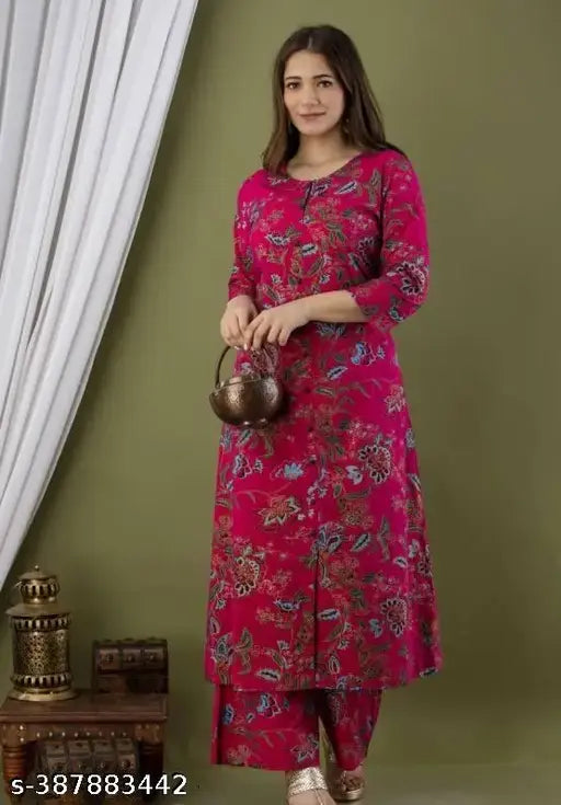 New pink rayon kurta and Palazzo set, printed net three-quarter sleeve attire for women