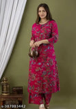 New pink rayon kurta and Palazzo set, printed net three-quarter sleeve attire for women