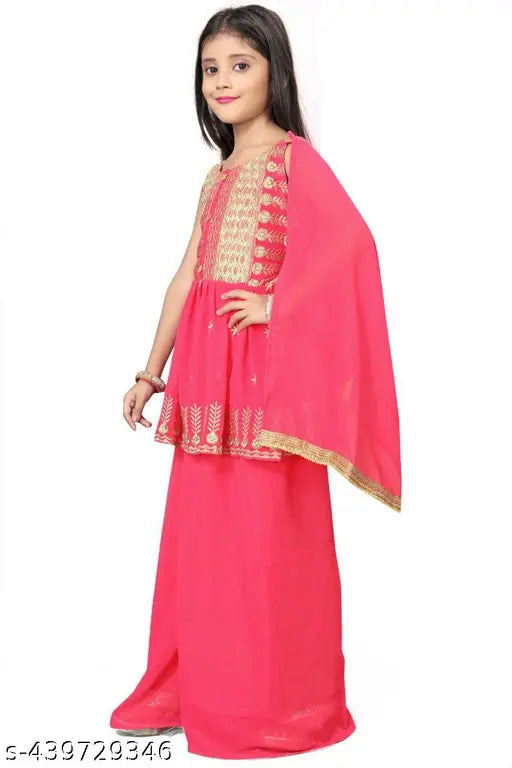 Embroidery jari work crepe anarkali kurta set with palazzos & dupatta, 4-14 years Indian children's ethnic wear