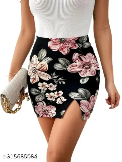 Black textured polyester mini printed skirt with buttons, formal occasion wear for meetings, casual events, night parties, holidays, and hangouts. Fit type: regular fit, mid rise. Sizes available: 26 (waist 26in, length 15in, hip 30in), 28 (waist 28in, length 15in, hip 32in), 30 (waist 30in, length 16in, hip 34in), 32 (waist 32in, length 16in, hip 36in). Made in India