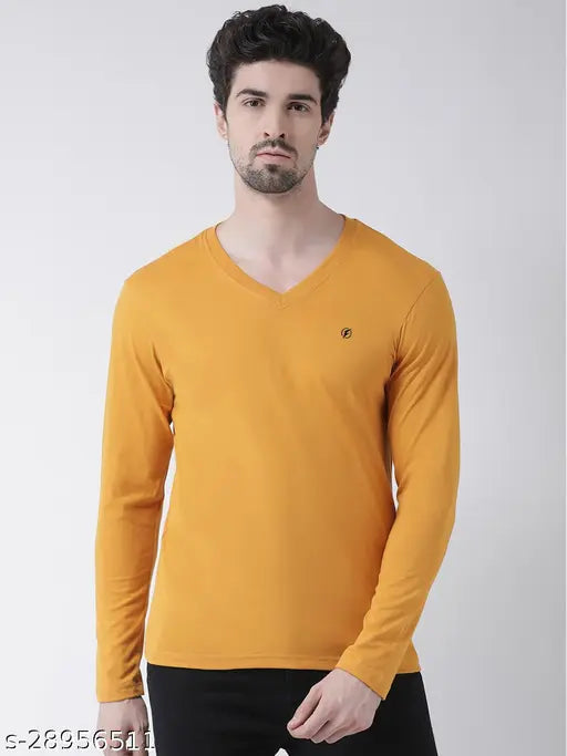 Mustard men's long-sleeve V-neck, solid cotton casual t-shirt - comfortable summer wear, affordable Indian production