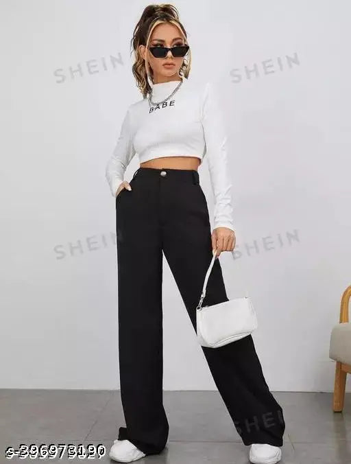 Black wide leg trousers, shoulder strap top