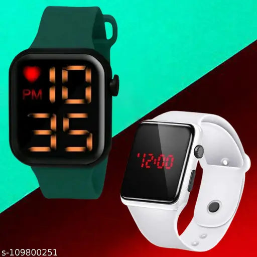 Digital sports watch, black strap, red heart icon