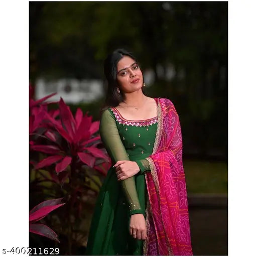 Trendy green bandhni Georgette dupatta with mirror work, embellished, three-quarter sleeves, digital print. Perfect for casual dressing. Made in India (52" length, S-XL sizes available)