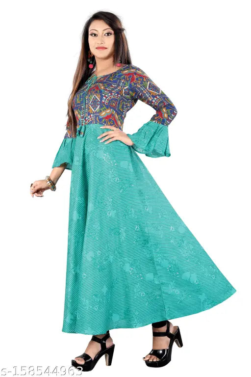 Teal printed designer kurta dress, floor-length