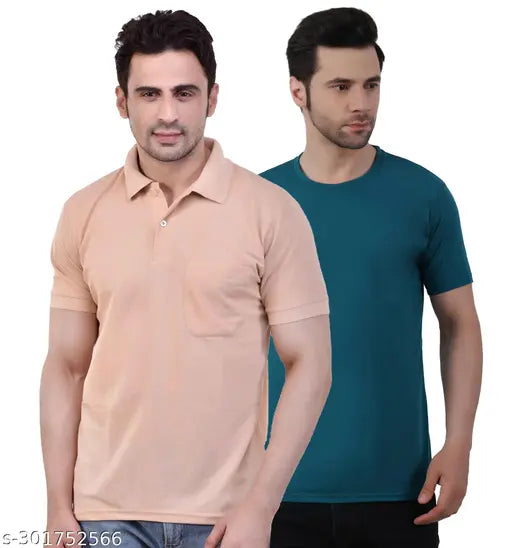 Matty fabric half sleeve polo and cotton blend round neck T-shirt combo, peach polo and multi color options available in regular fit for men (M to 4XL), high-quality Indian-made apparel perfect for all occasions and easy care