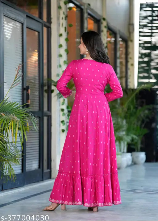 Pink rayon long ankle length round neck dress for women and girls