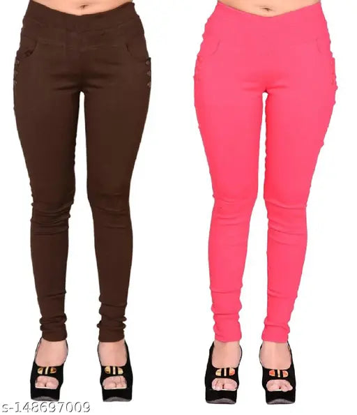 Stretchable Lycra jeggings set (2 pack), solid-colored women's trousers from FeelBlue, made in Elastane cotton fabric with side pockets, India origin