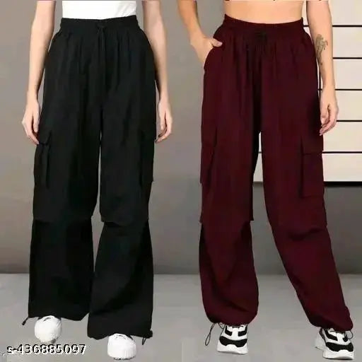 Dark red cargo pants, elastic waist, side pockets with zippers