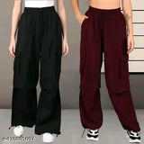 Dark red cargo pants, elastic waist, side pockets with zippers