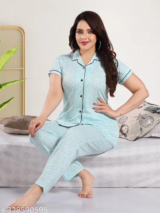 Comfortable cotton night suit with printed design, perfect for summer nights or sleepwear for women. Indian-made nighty set