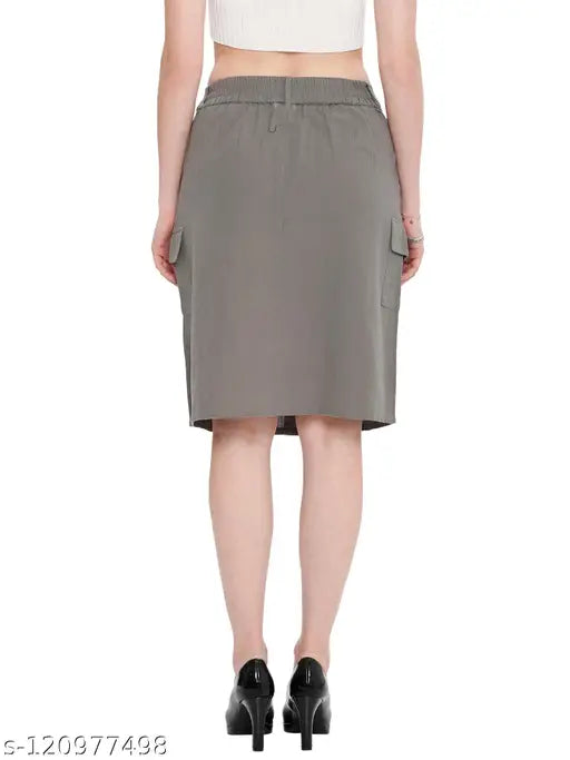 Grey cotton pencil skirt, knee-length, front zip fly
