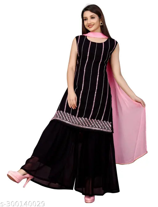Black and white rayon kurta with embellishments, suitable for women's fashion