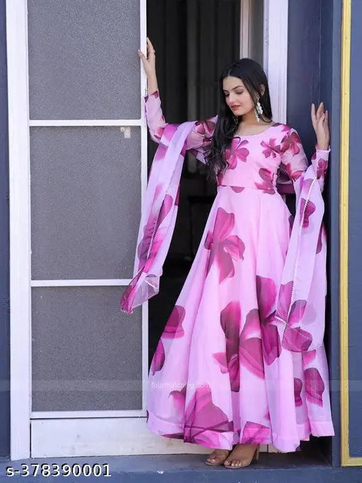 Pink Georgette long-sleeved Rockway dress with printed net pattern, Indian handloom fashion for women size S to 4XL