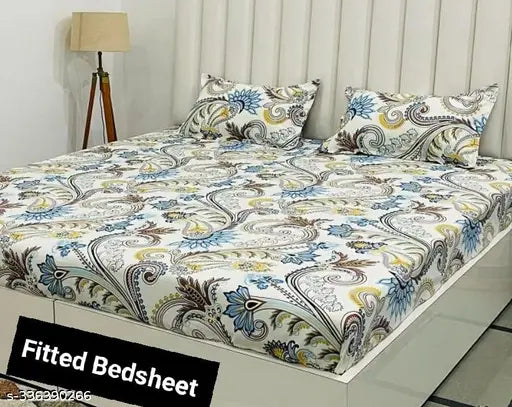 White and blue floral cotton blend fitted bedsheet set [18X28inches] x 2 with 72X78 inches bedsheet size, ideal for adult summer use
