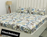 White and blue floral cotton blend fitted bedsheet set [18X28inches] x 2 with 72X78 inches bedsheet size, ideal for adult summer use