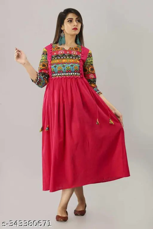 Trendy rayon A-line printed kurti with embroidered pattern, three-quarter sleeves, S (36in bust, 46in length), M (38in bust, 46in length). Women's solid anarkali, Indian origin