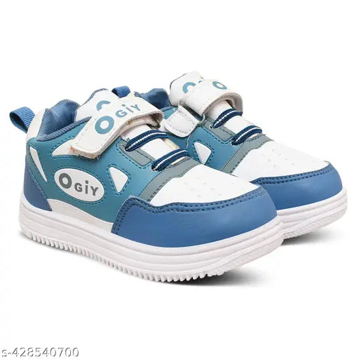 Light blue and white casual sneakers with velcro straps, designed for both boys and girls, suitable for sports and outdoor activities