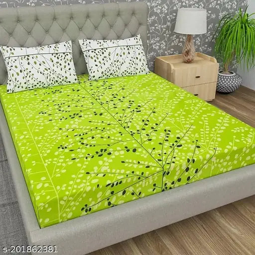 Green cotton Jaipuri printed double bedsheet with 2 pillow covers.