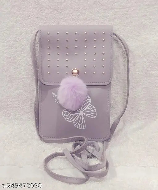 Purple and gray sling bag with mobile phone pocket, featuring a front design by 2PurplePeach