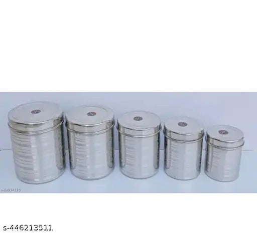 Five round stainless steel jars, suitable for kitchen use and food storage, available in a set, with varying sizes ranging from 500ml to 2kg capacity