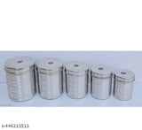 Five round stainless steel jars, suitable for kitchen use and food storage, available in a set, with varying sizes ranging from 500ml to 2kg capacity