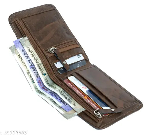 Brown PU two-fold wallet, Classic World branded, free size (L9cm x W5cm), sleek design, new trend for men