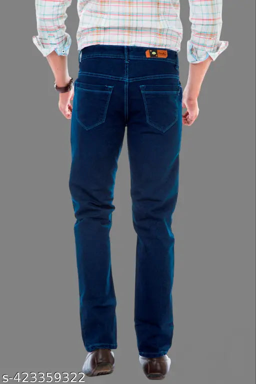 Dark blue stretchable men's jeans, solid-patterned denim for casual to formal wear - available in sizes 48, 50, and 52 (waist 10, hip 53/55/57, length 41in) made in India
