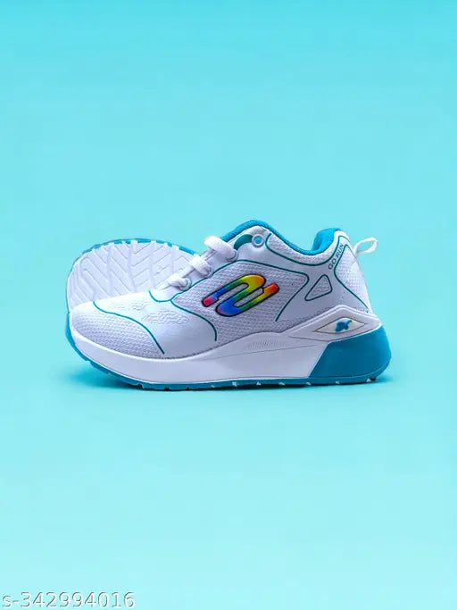 White sneakers with blue accents, lace-up front, and sporty design