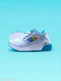 White sneakers with blue accents, lace-up front, and sporty design