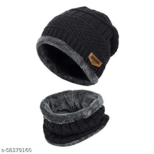 Unisex wool beanie cap & scarf, dual-layered, acrylic knit, soft fleece lining, versatile cold weather wear