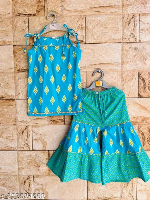Cotton sleeveless sharara top, vibrant prints with gota lace, trendy for young girls aged 12 months - 9 years