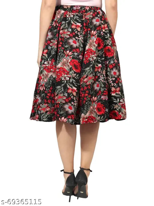 Black floral print women's mid-calf length skirt with navy blue small dot print combo