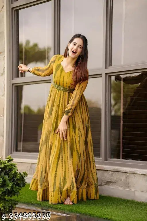 Georgette yellow printed dress for women