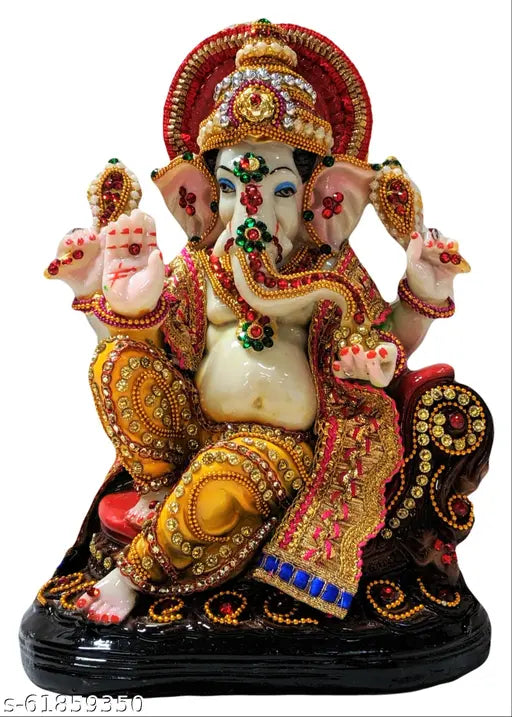 Resin Ganesh Idol, 19cm x 25cm x 12cm, multicolored Ganesha Murti statue with ashirwada mudra, adorned with stones and lace, perfect for puja room or gift