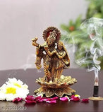 Gold-plated Radha Krishna idol on lotus flower, playing flute for home decor showpiece (Medium), Indian handcrafted metal art