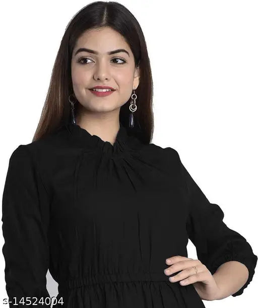 Fashionable, trendy black solid flared highneck dress for women